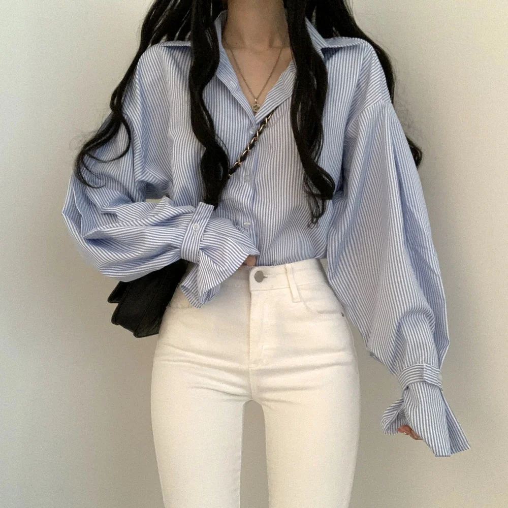 

Loose Blouse Design Sense Of Niche Pinstripe Loose Shirt Women's Simple With Long Sleeve Top Inside Fashion Tops