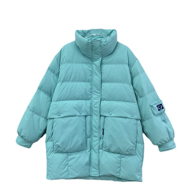 

Stand Collar Women's Down Jacket New Winter Korean Solid Color Loose White Duck Down Jacket Long Sleeve Solid Color Coat H125