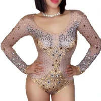 shining diamonds nude bodysuits long sleeve sexy ladies nightclub performance clothing womens party clothing uniform costumes