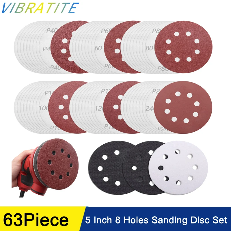 

5 Inch 8 Holes Sanding Disc Set, 60Pcs Hook and Loop Sandpaper with 3Pcs 5 Inch Interface Buffer Pads for Random Orbital Sanders