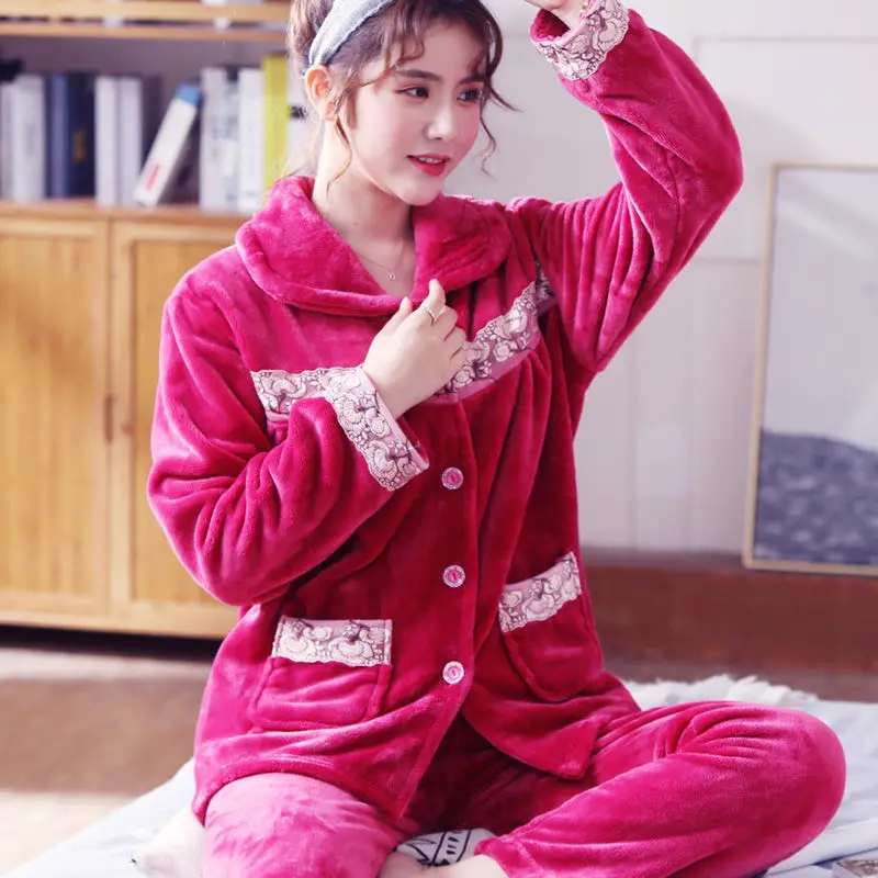 inter Warm Flannel Women Pyjamas Sets Thick Coral Velvet Long Sleeve Sleepwear Pajamas Set for Women Pijama Home Suit