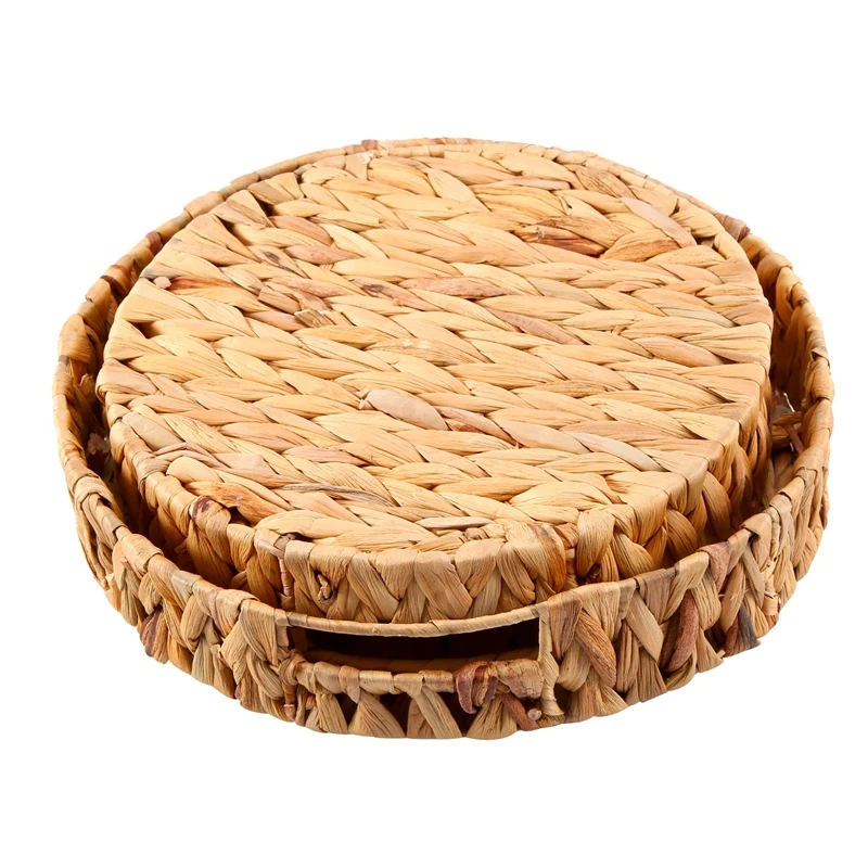 

2Pcs Round Braided Tray Made Of Seagrass Water Hyacinth Set 33Cm + 28Cm Diameter Fruit Bowl