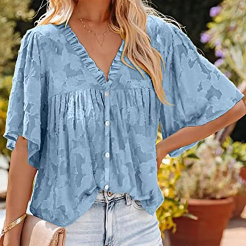 

KOERIM Summer New Chiffon Women 's Shirt Bell Short Sleeve Leaf Collar Lace Blouse Loose Simple Hollow Button Top
