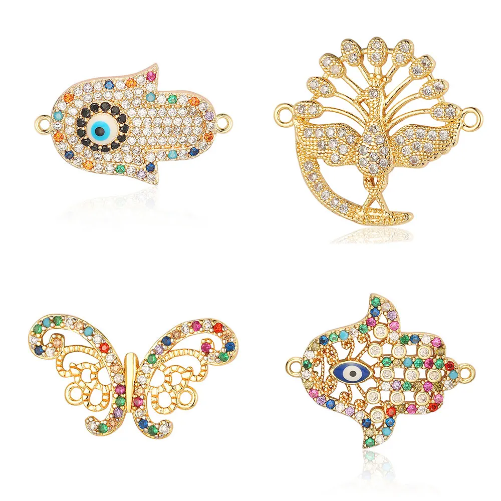 

Trendy Butterflry Hamsa Hand Rainbow Brass Zircon Connector Charm Women Corss Jesus Peacock Angel Bracelet Making DIY Jewelry