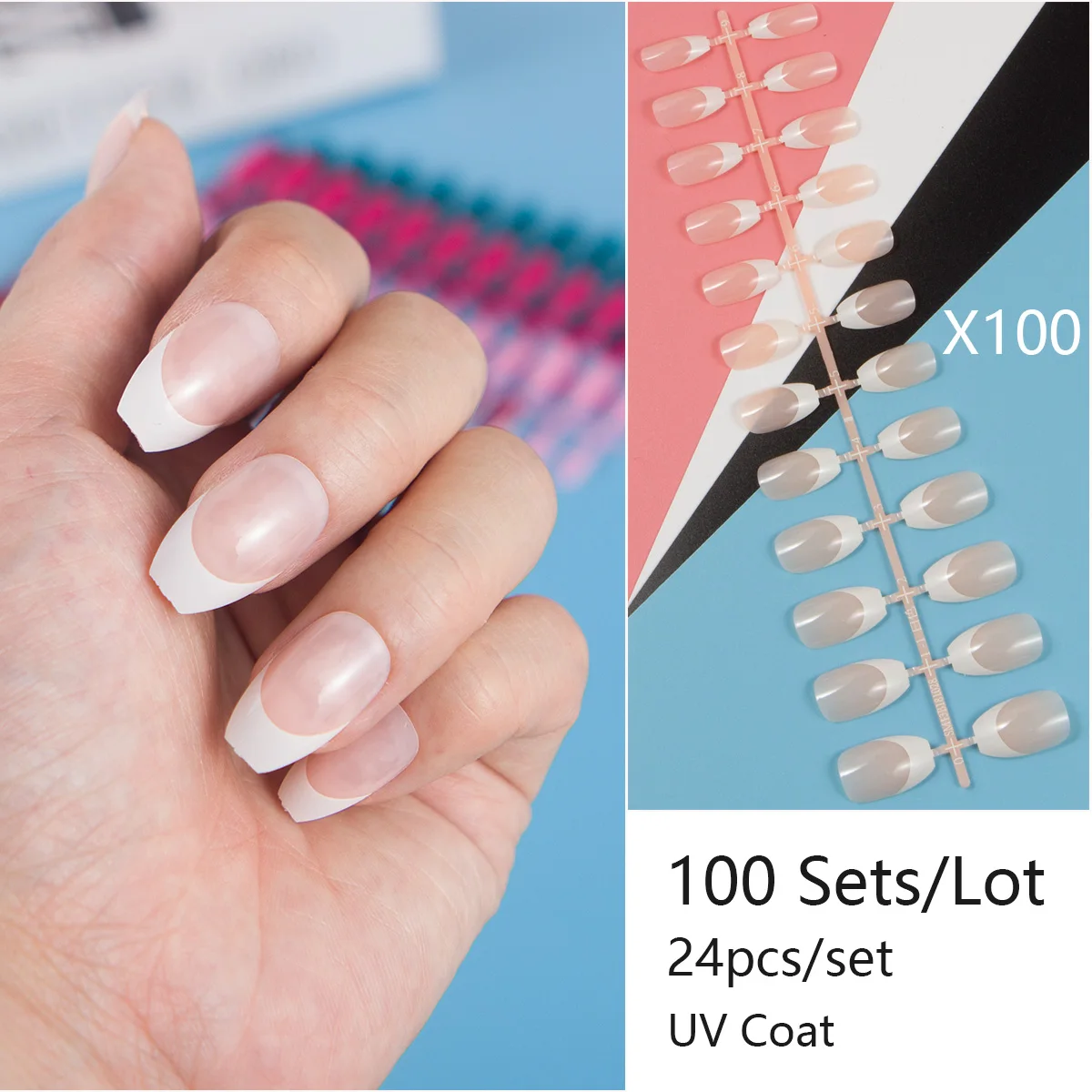 

French Nails Short 100 Set/Lot Full Cover UV Coat Durable False Nail Coffin Ballerina Shape Nail DIY Kit Unas Postizas