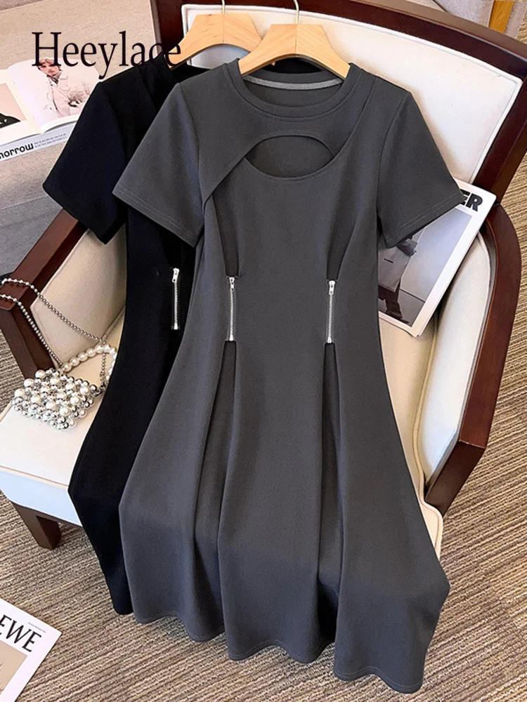 

Summer Knee-length Dress For Women Fahsion Korea O-neck Short Sleeve Silm Solid Office Lady Dresses Women Clothing 2023