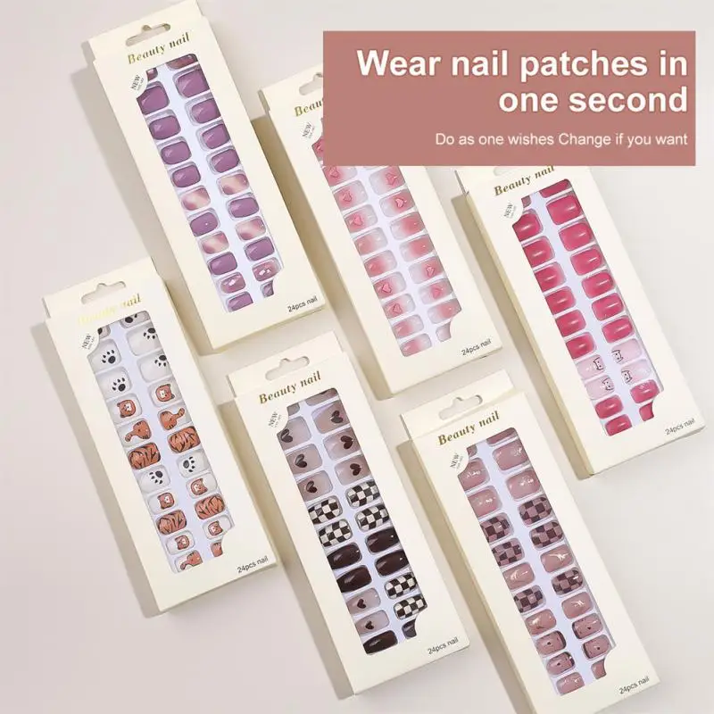 

24pcs/box Fake Nails Press On Short Reusable With Designs Set French Artificial Pink Kawaii False Tipsy Stick-on Nails Tips Art