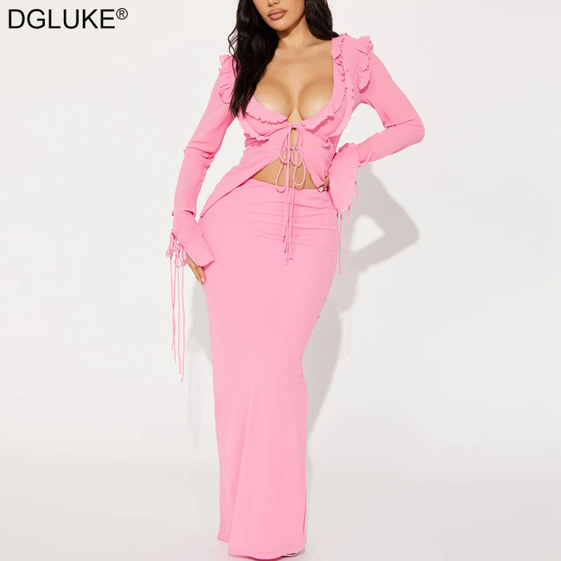 

Long Sleeve Shirt Top And Maxi Skirt Sets Women 2 Piece Outfit Elegant Party Night Club Outfit Autumn New In Matching Sets