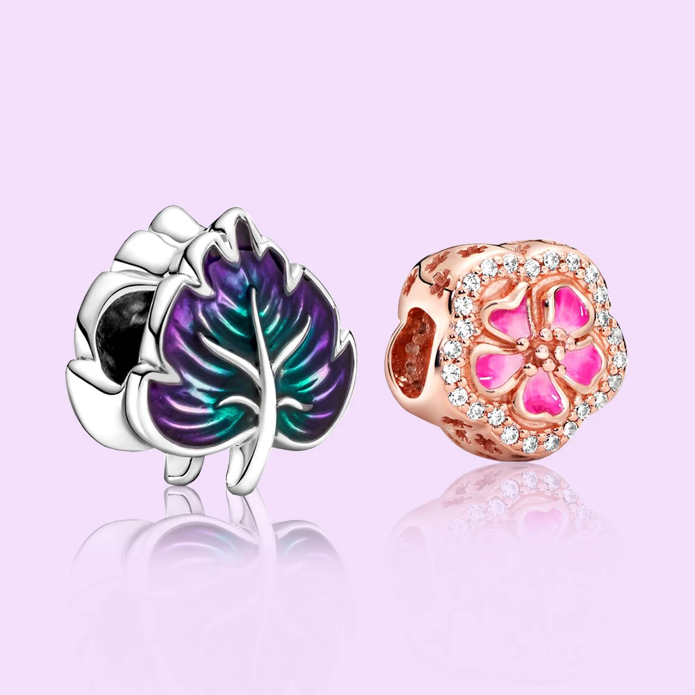 

New 100% 925 Sterling Silver String Beads Purple Leaves Pink Flower Fit For Ladies Original Pandora Bracelet DIY Jewelry Gifts
