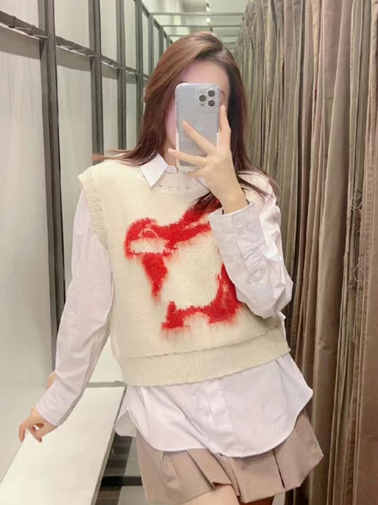 

Женский укороченный Трикотажный жилет PB & ZA с принтом, милые Свитера без рукавов, повседневный топ с круглым вырезом, пуловер, женская одежда...