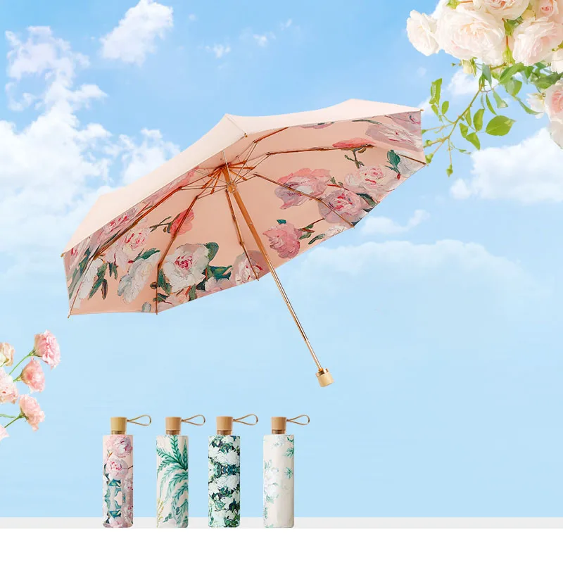 

Wooden Handle Rainy Sunny Glue Umbrella Dual-use Five-fold Folding And Color Sun Sunscreen And Anti-ultraviolet Female