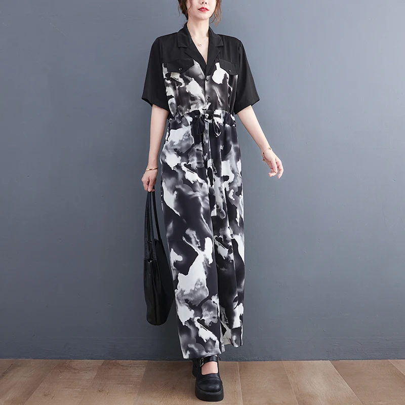 

Fashion Patchworked Romper Summer Casual Loose Oversize Baggy Side Short Sleeve Jumpsuits Wide Leg Pants Floral Print Overalls