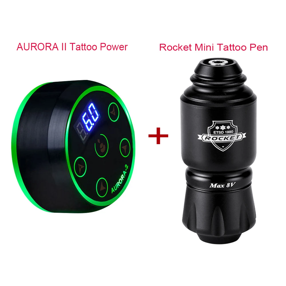 Professional Tattoo Kit Rocket Mini Tattoo Pen with AURORA II Tattoo Power Supply and 10PCS Cartridge Needle Tattoo Machine Set