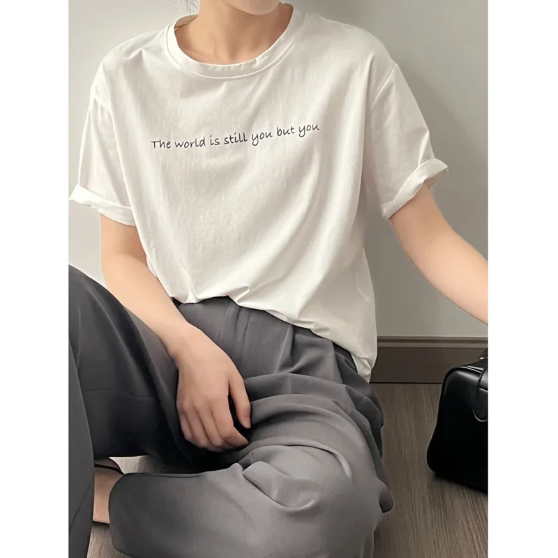 

Summer Letter Print Short Sleeve T-shirt Women Round Neck Loose Cotton Casual Tops 2023
