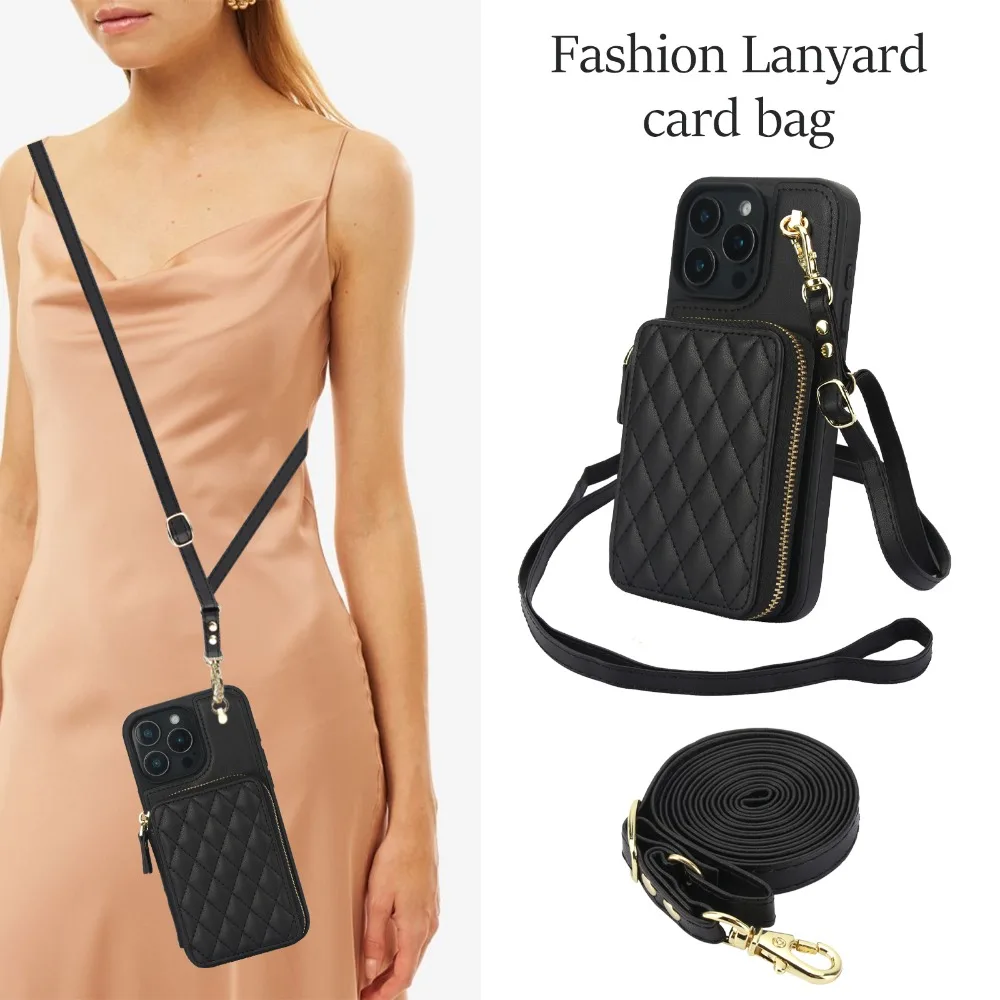 Leather Phone Case for IPhone 16 15 14 Plus 13 12 11 Pro Max XS X 7 8 Crossbody Wrist Strap Zipper Wallet with Card Holder Cover