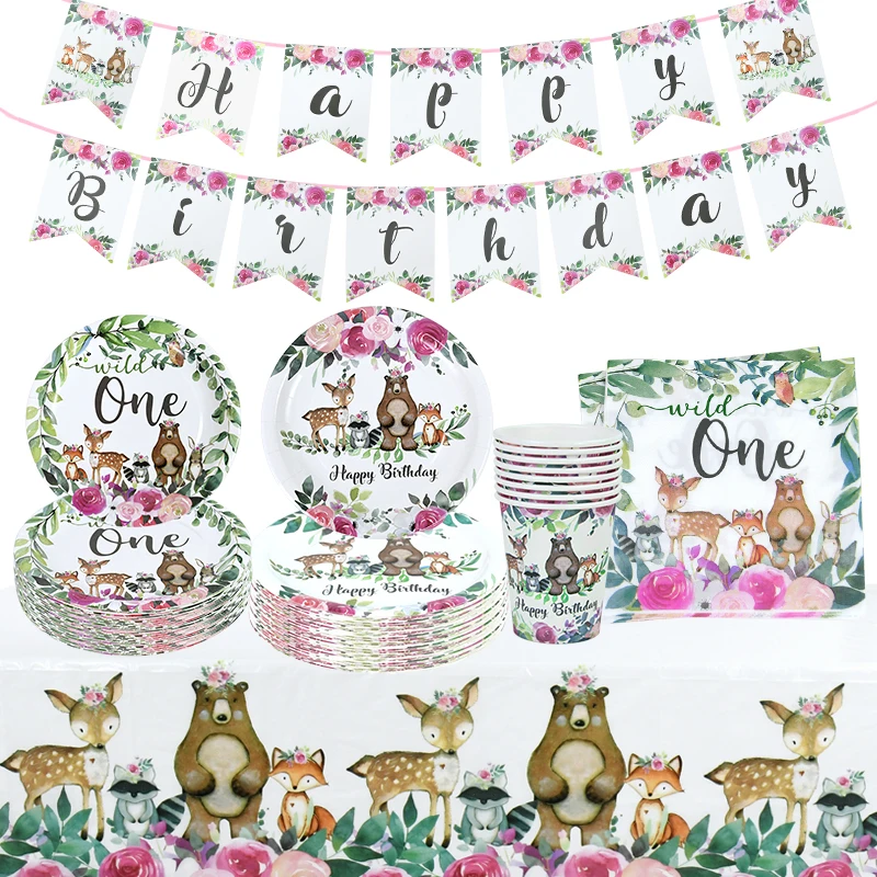 

Wild One Forest Birthday Animal Disposable Tableware Jungle Safari Paper Plate Cup Napkin Straw Girl 1st Birthday Party Supplies