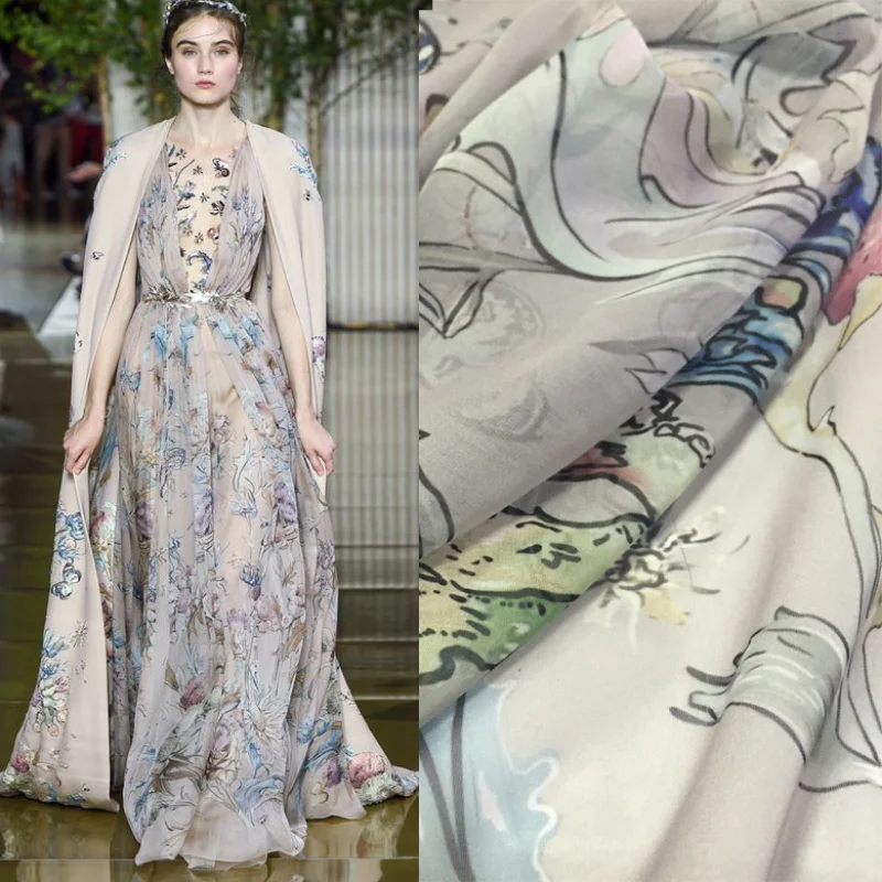 

Woven Printed Polyester Chiffon Fabric Thin See-through Fashion Brand Clothing Shirt Scarf Cloth Fabrics for Dress Per Meter