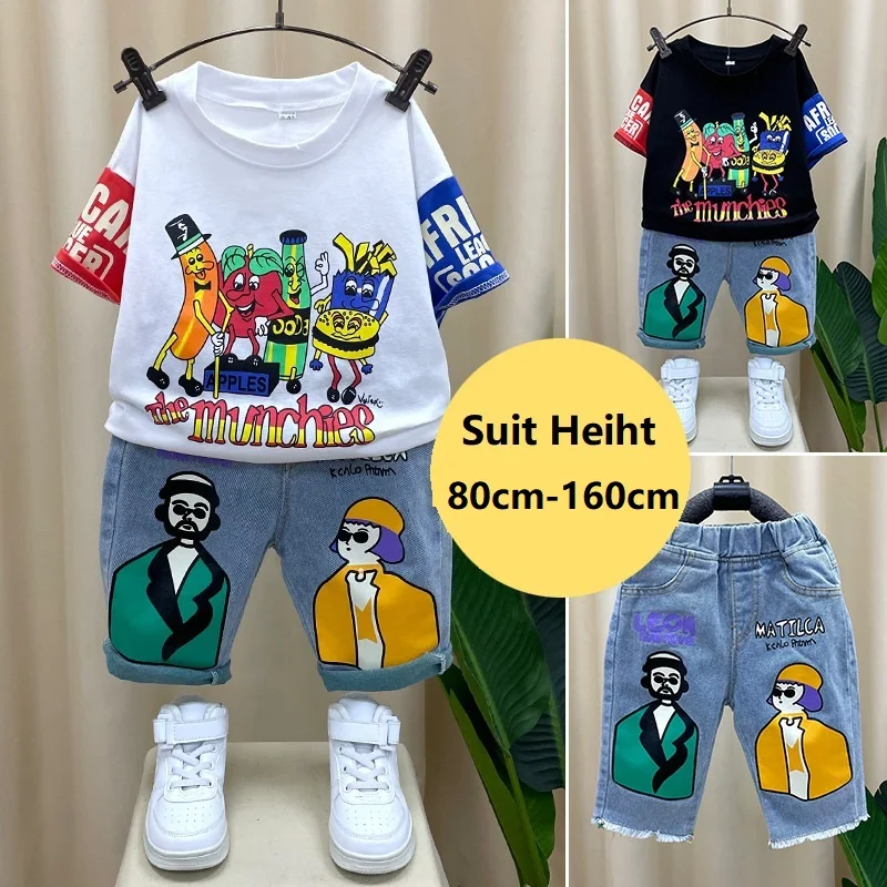 

3-15Year Boy Funny Short Sleeve T-Shirt + Denim Set Summer Baby Fashion Cartoon Sports Clothes 2PCS Costume Kids Tracksuits