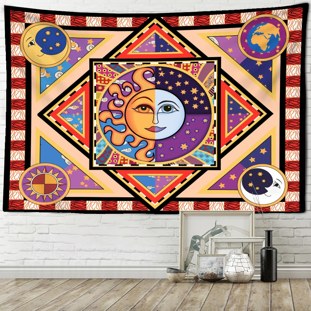 

Square Ethnic Sun Face Wall Hanging Tapestry Bohemian Psychedelic Hippie Ethnic Style Bedroom Home Decor