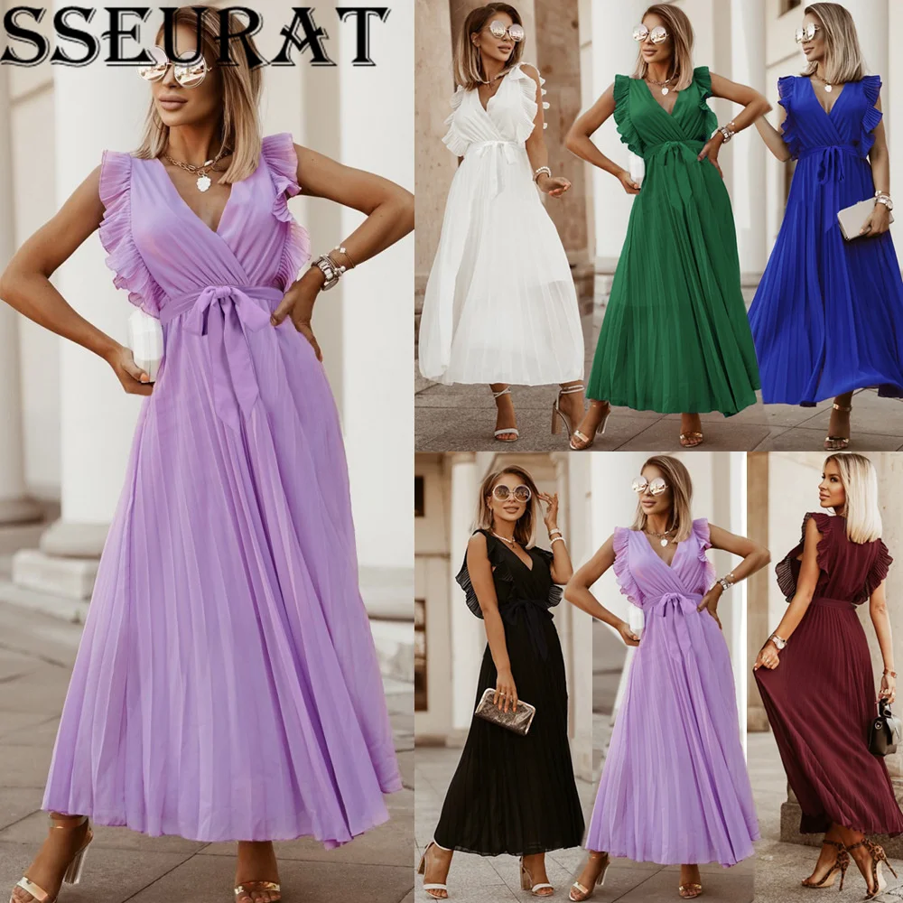 

SSEURAT Fashion Sexy Slim Beach Long Dress for Women 2022 Summer Lotus Leaf Sleeve Midi Dresses Vestidos