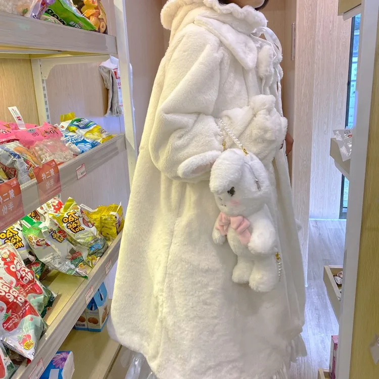 Japanese Girl Fleece-Lined Thickened Fur Coat Women Cute 2022 Autumn and Winter New Lolita Rabbit Ears Lolita White Plush Coats