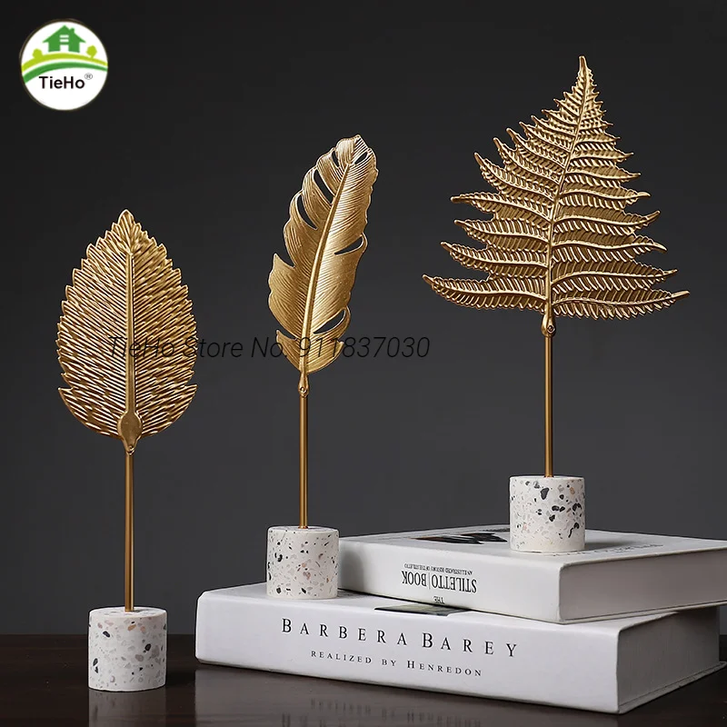 

Creative Modern Golden Leaf Ornament Home Living Room Office Decoration Miniature Metal Crafts Statues