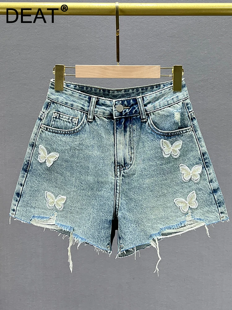 

DEAT Women's Denim Shorts High Waist Embroidery Butterfly Ripped Loose Destroy Wash Short Pants 2023 Summer New Fashion 29L2725