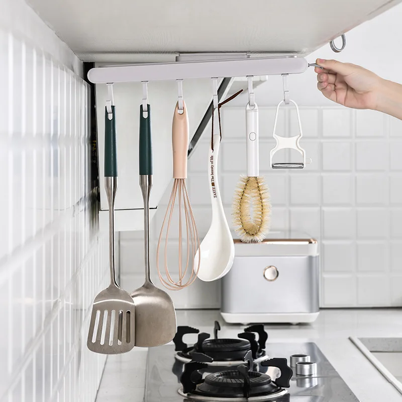 Kitchen Free Punch Pull-out 6 Hooks Under The Cabinet Kitchenware Storage Rack Retractable Sticky Hook Essentials |