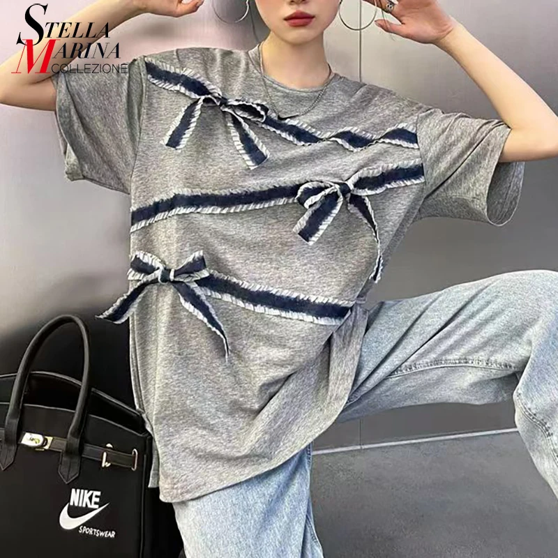 

Tape Bows Joined New Summer Woman Casual Designer Tee Top Plus Size Girls Casual Wear Short-Sleeve T-shirt Korean Style JC2044
