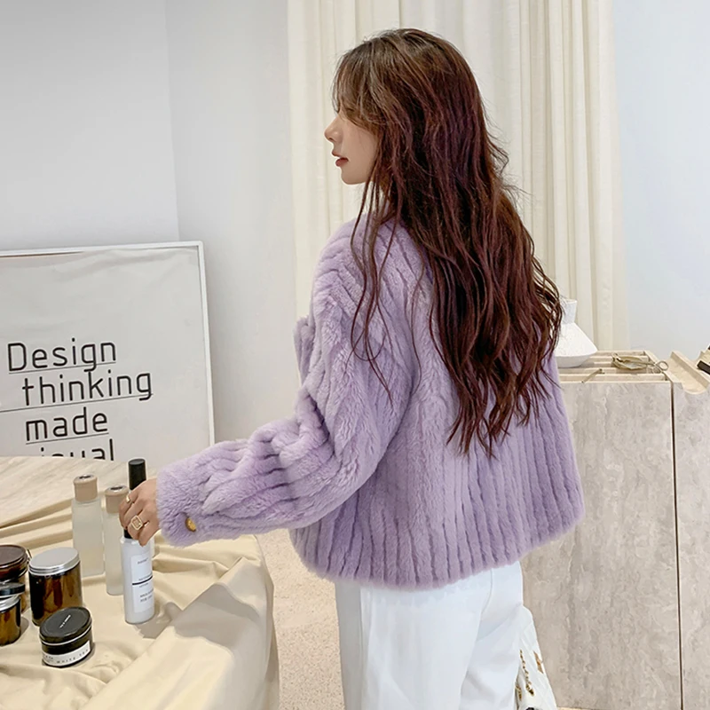 Women's Winter Sheepskin Coat Solid Casual Standing Collar Lamb Fur Single Breasted Bar Texture Real Fur Cropped Jacket Female