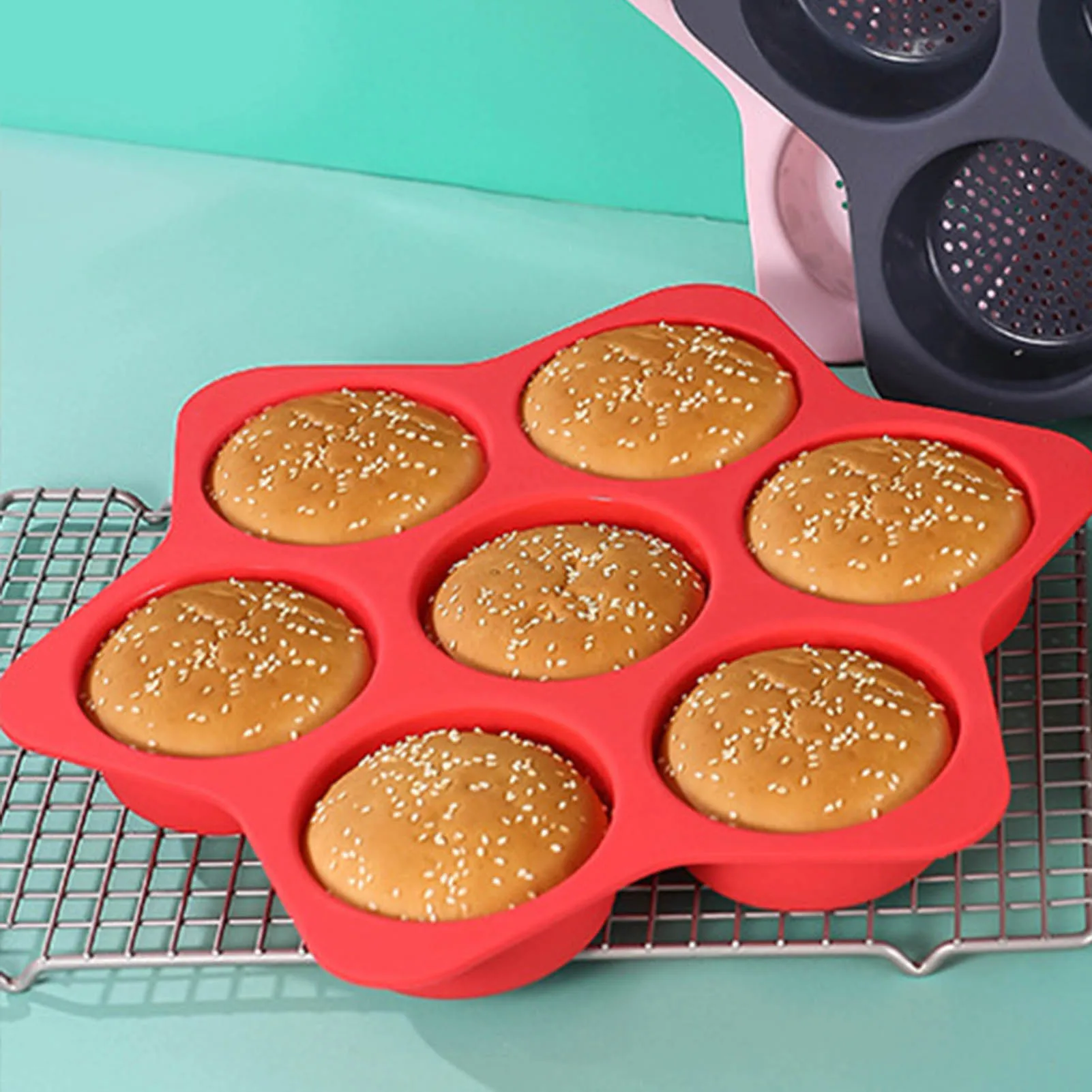 

7 Cavities Round Silicone Burger Mold Non-Stick Bread Cake Hamburger Bun Molds Tray Household DIY Food Baking Pan Bakeware Tool