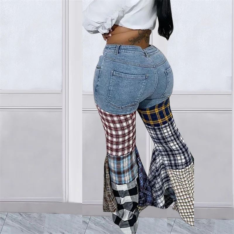 Jeans Flare Pants Denim Plaid Patchwork Ruffle Pants Women High Waist Button Fly Slim Boot Cut Denim Trousers Streetwear Capris