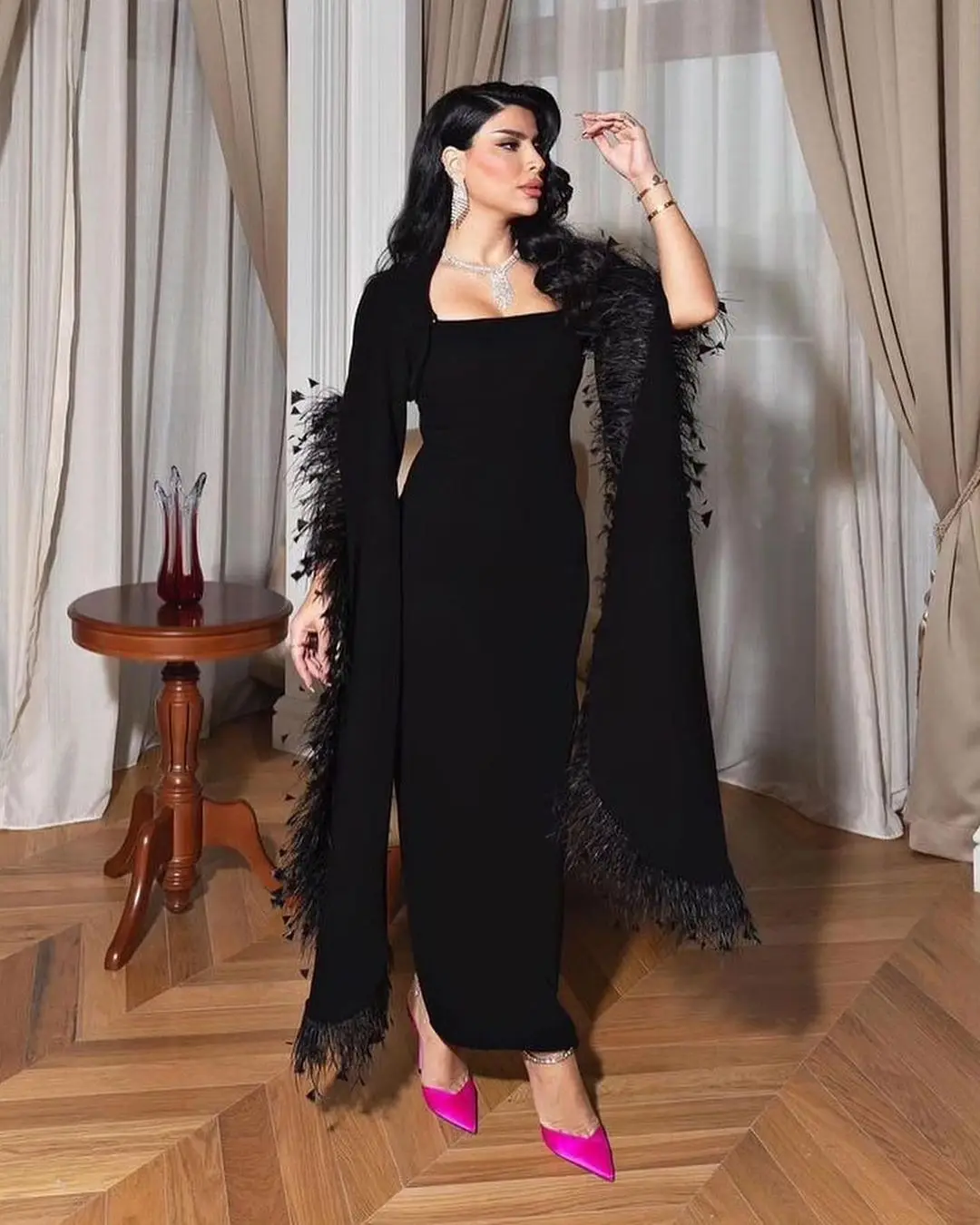 

Vintage Mermaid Black Feathers Evening Dresses Square Neck Ankle Length Formal Occasion Dresses Long Sleeves Prom Dresses