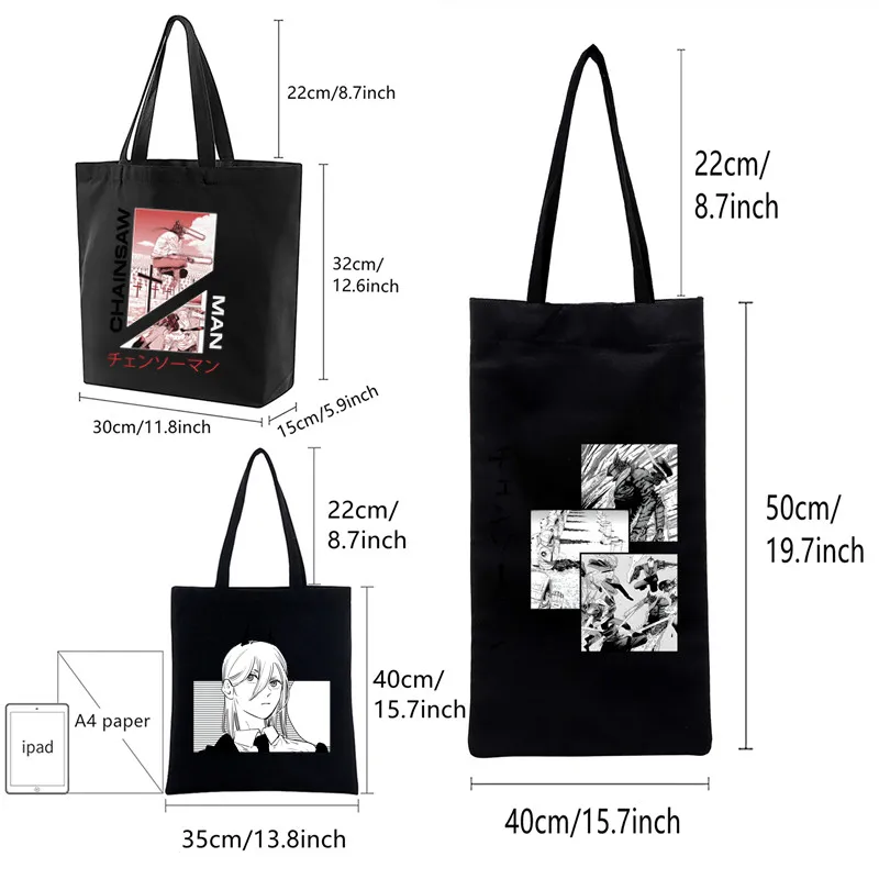 

Anime Chainsaw Man Manga Black Canvas Bag Large Capacity Makima Pochita Denji Storage Handbag Shoulder Bag Tote