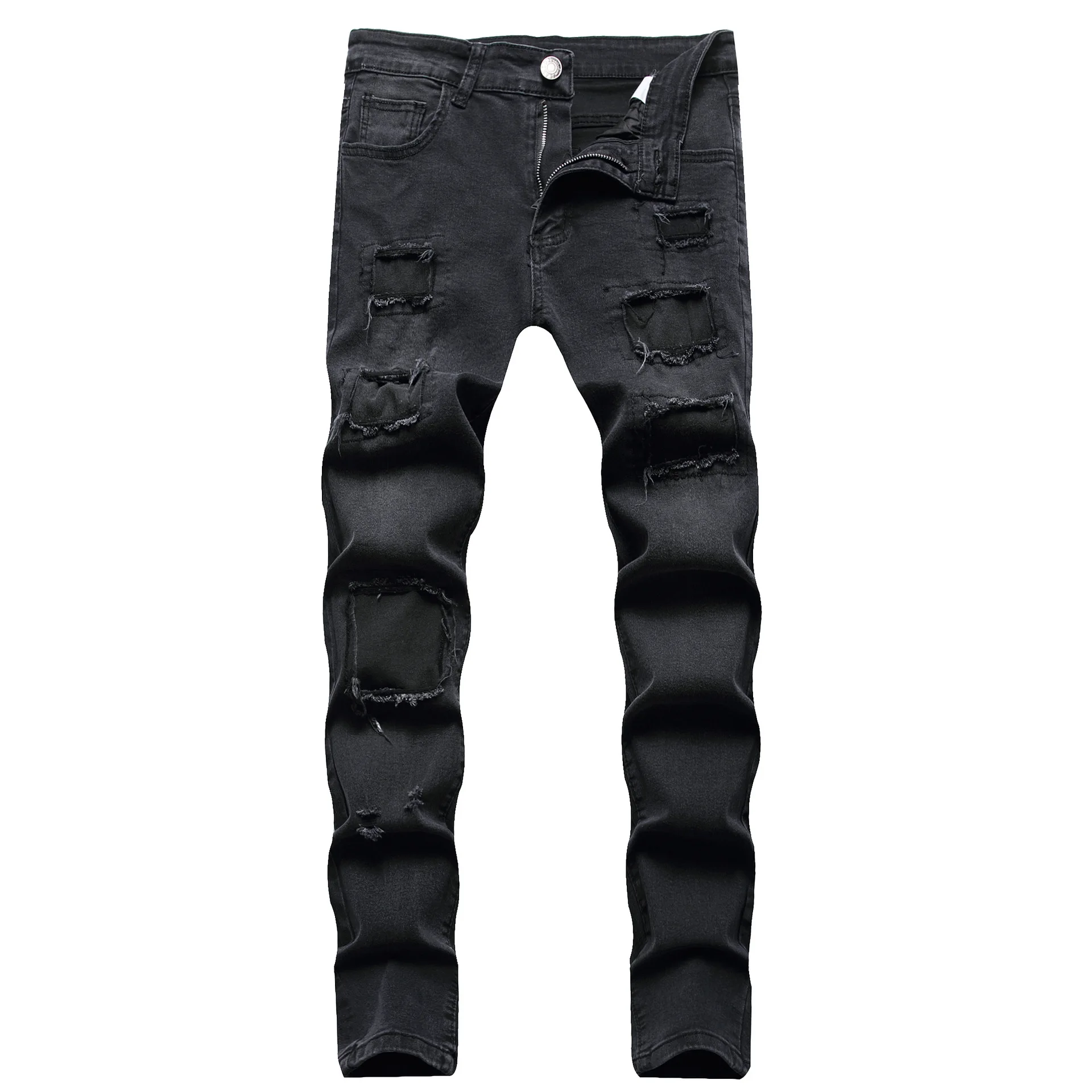 

High Quality Men Patch Jeans Korean Shredded Stretch Casual Small Feet Slim Fit Denim Pants