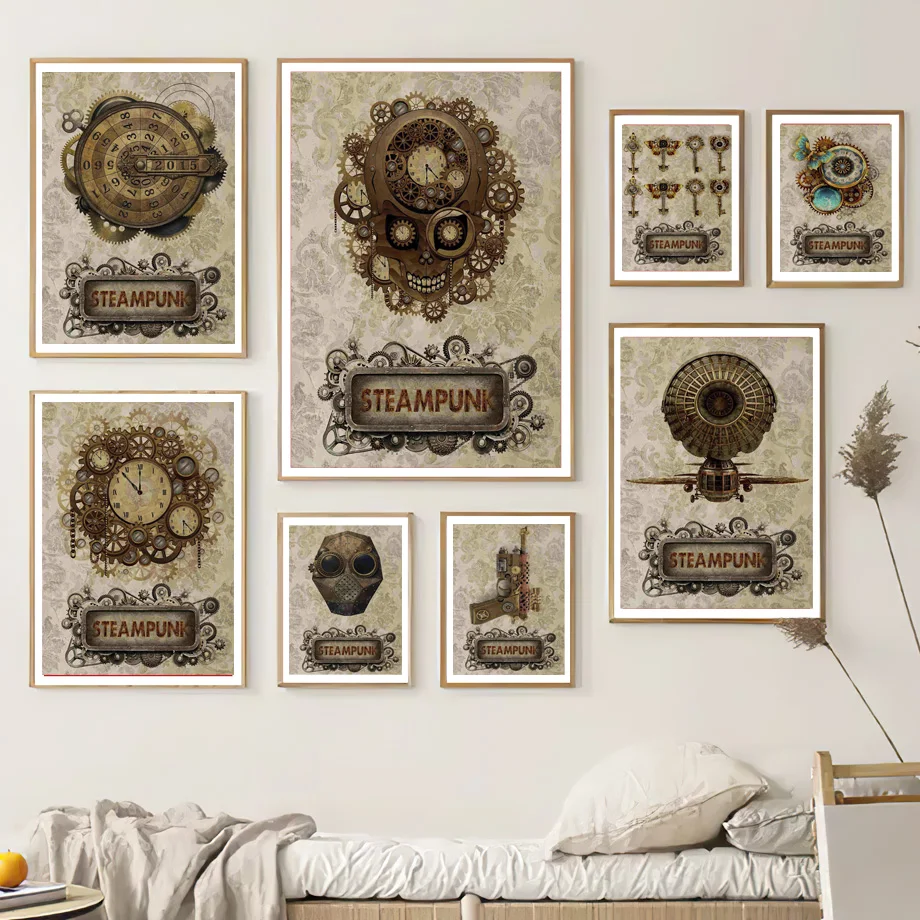 

Vintage Steampunk Wall Decor Painting Retro Wall Art Prints Frameless Industrial Fantasy Clock Gears Keys Skull Canvas Painting