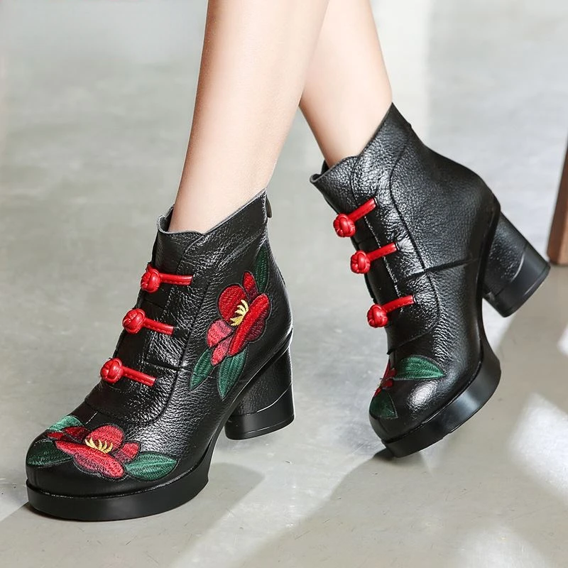 

Floral Ankle Boots For Women Autumn Winter Genuine Leather Women's Boots Retro Handmade Comforable Shoes High Heels