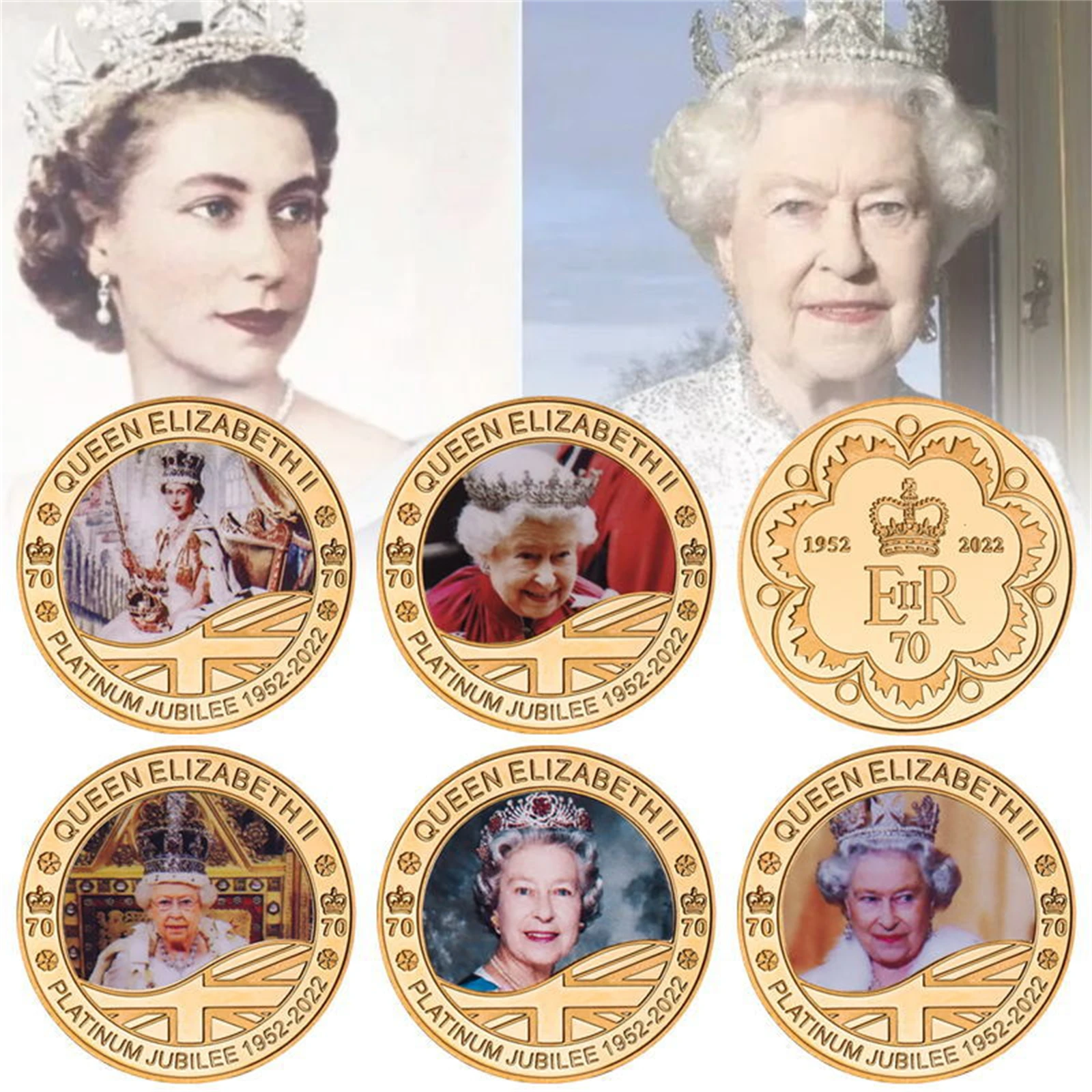 

Queen Elizabeth II Platinum Jubilee Gold Plated Coins Queen's Commemorative Coin of the United Kingdom Collectibles Crafts