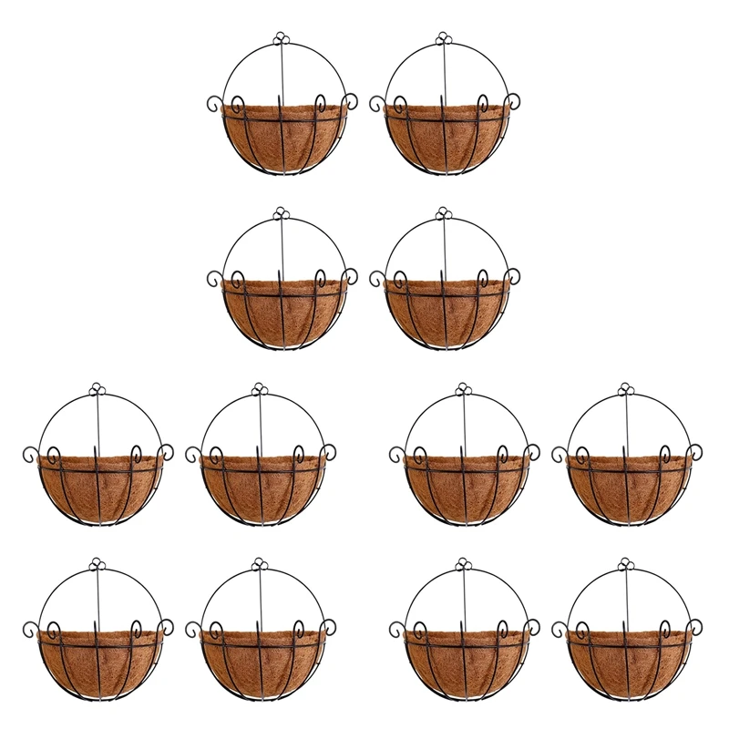 New Metal Hanging Planter Basket With Coco Coir Liner Wall Mount Wire Plant Holder For Indoor Outdoor Garden Porch (12 Pack)