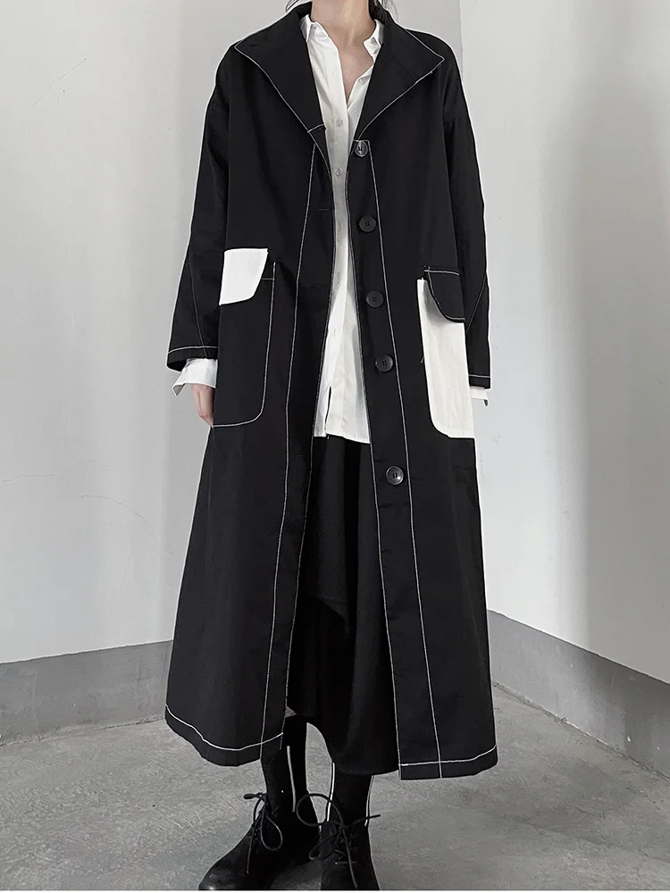 

[EAM] Women Color-block Topstitched Big Size Long Trench New Lapel Long Sleeve Windbreaker Fashion Spring Autumn 2023 1DF5196