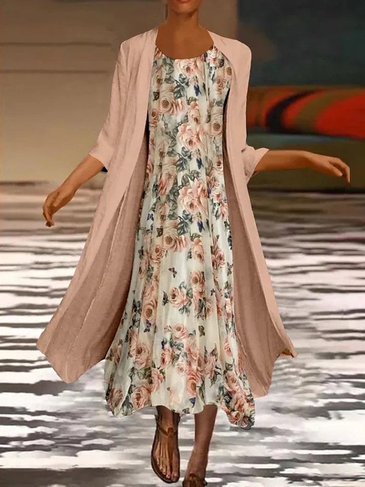 

Однотонная накидка + платье с принтом и О-образным вырезом, повседневные свободные женские костюмы в стиле High Street, Весенняя мода 2022, элегантн...