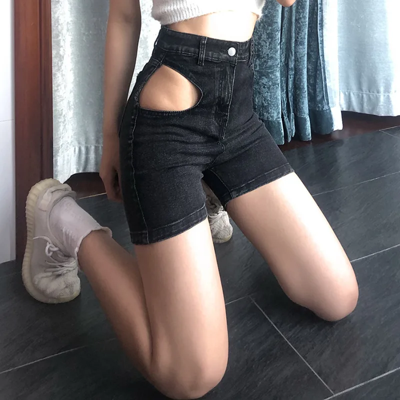 Black High Waist Straight Tube Hollow Bag Hip Denim Shorts Female Slim Fit Women Casual Streetwear Denim Shorts Female Fashion