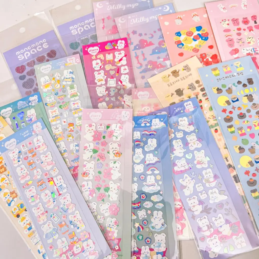 

Jelllypal BOBO Flora Full Set Series Decorative Stickers Kawaii Bear Rabbit Korean Sticker Journal Junk Agenda Stationery Suppli