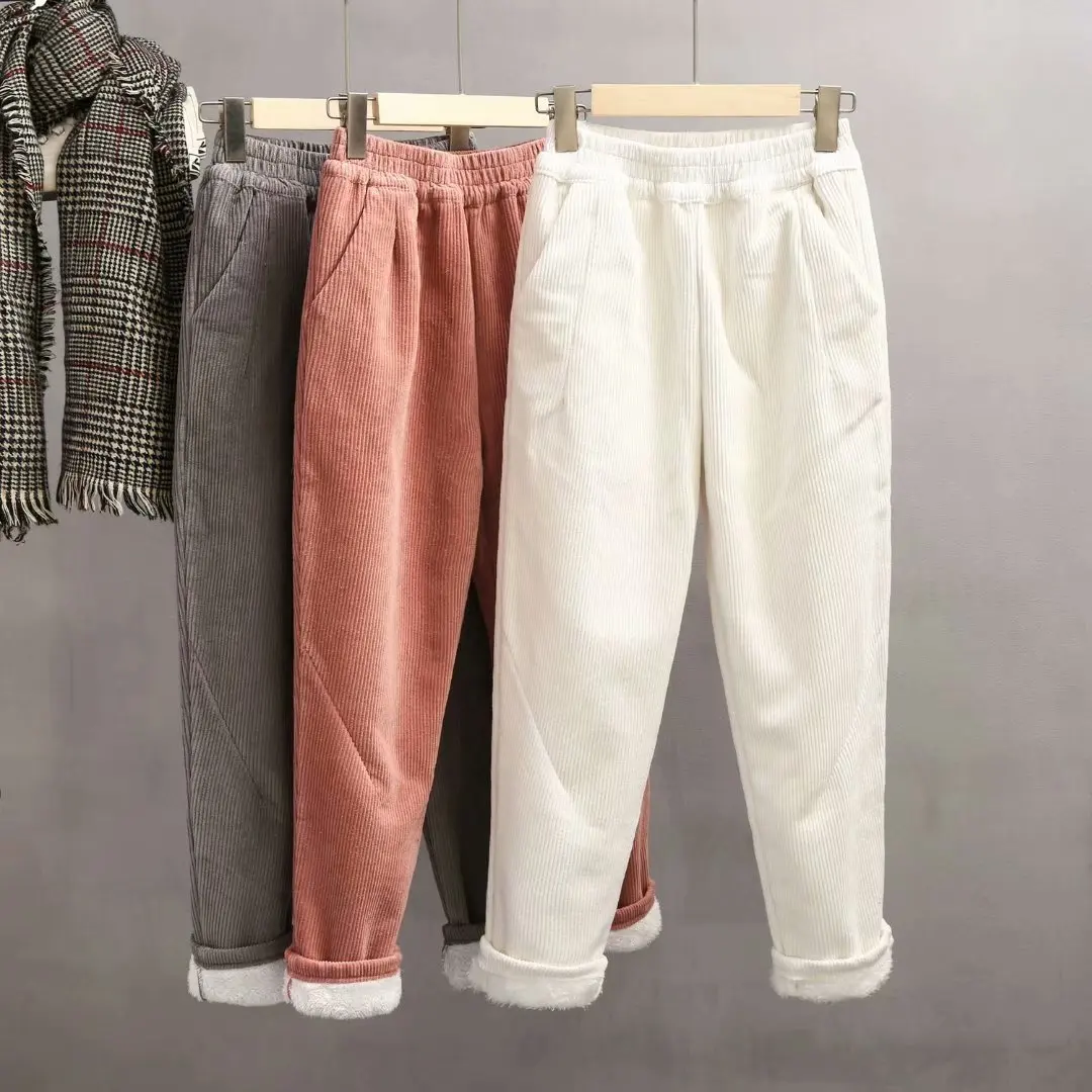 

New 2022 Winter Women Solid Color Corduroy Pants Elastic Waist Warmth Casual Thick Fleece Pockets Autumn Fashion Female Trousers