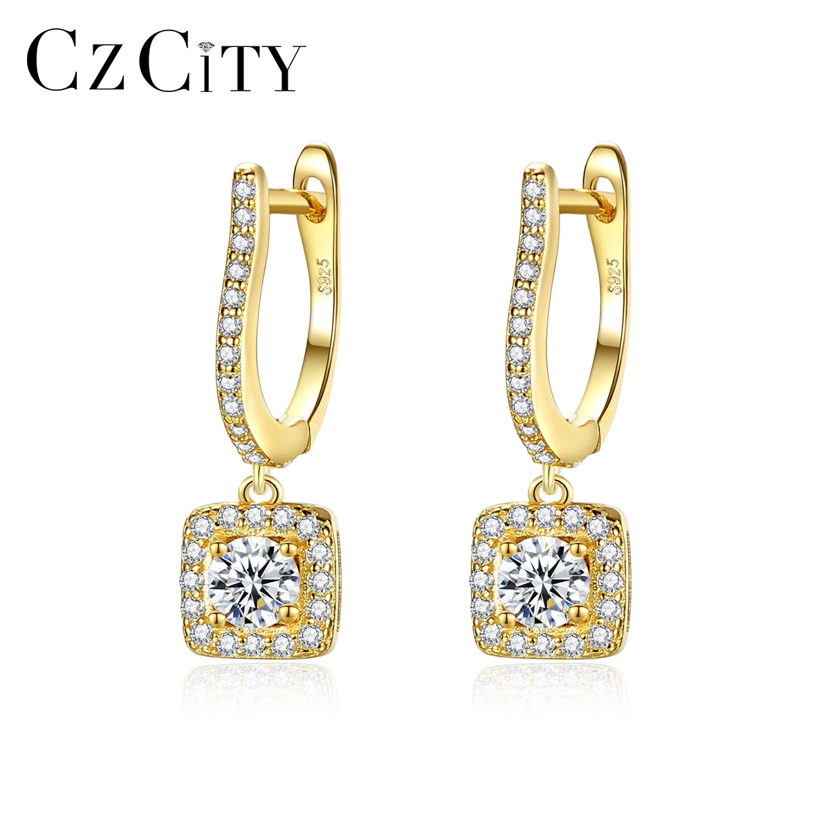 

CZCITY New Fashion CZ Hoop Earrings for Women Wedding Engagement Fine Jewelry 925 Sterling Silver Square Pendant Pendientes Gift