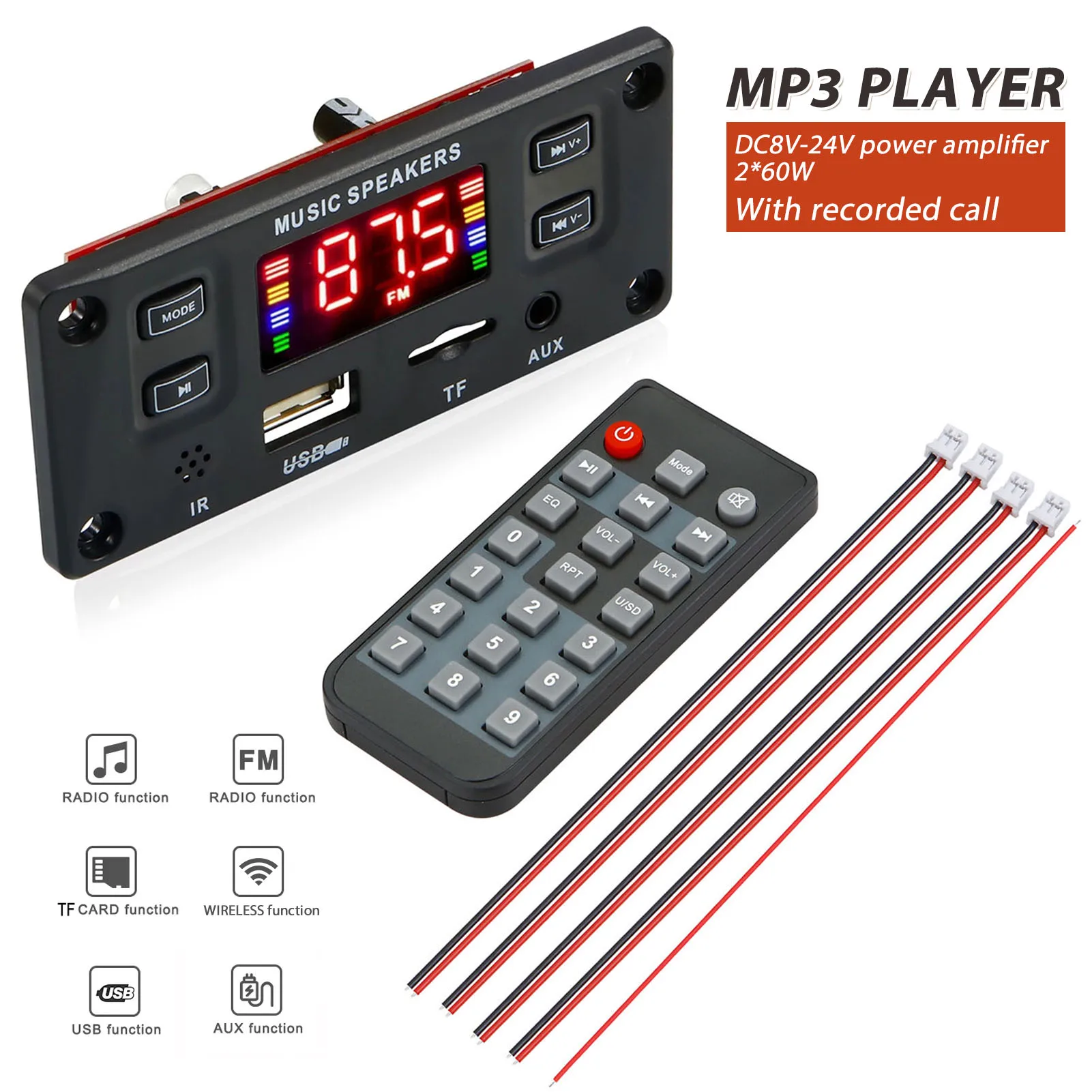 

Decoder Amplifier 2*60W Bluetooth-compatible Car Audio MP3 Audio Module Memory Function Stereo Amplifier Board DJA88