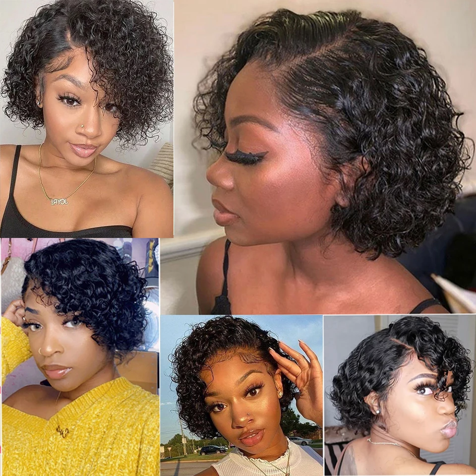 

Short Curly Lace Pixie Cut Human Hair Wig with Baby Hair Side Part 13*1 Lace Frontal Wig For Women 150% Density Bob Wigs