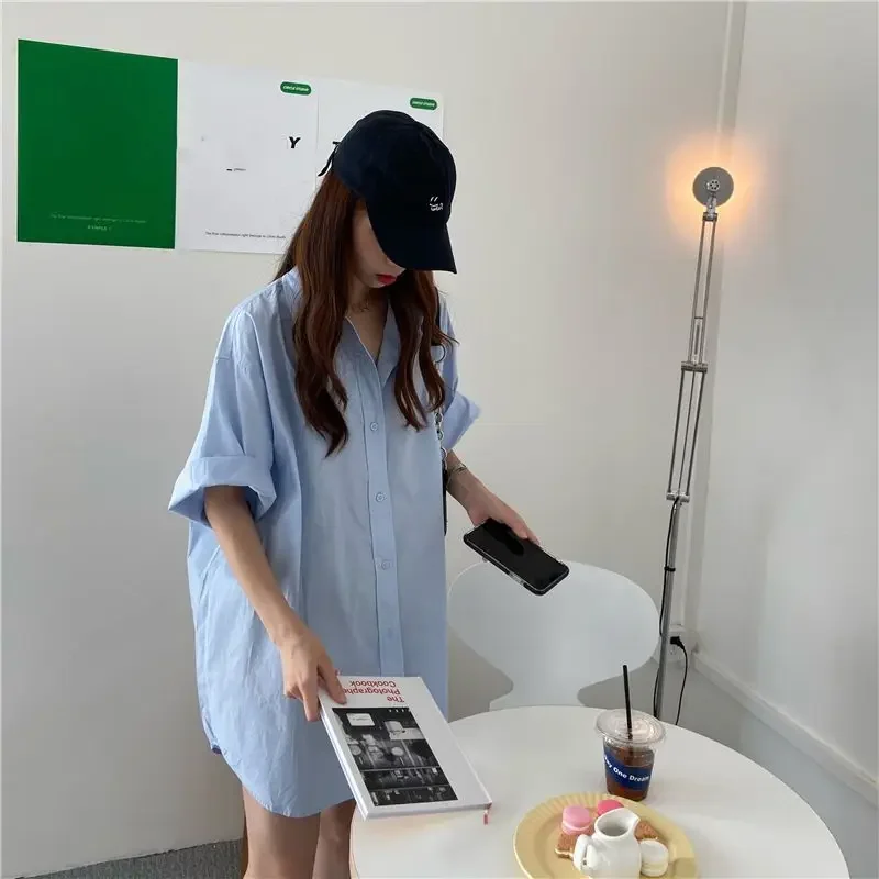 Блузка женская с коротким рукавом свободная рубашка средней и длинной длины