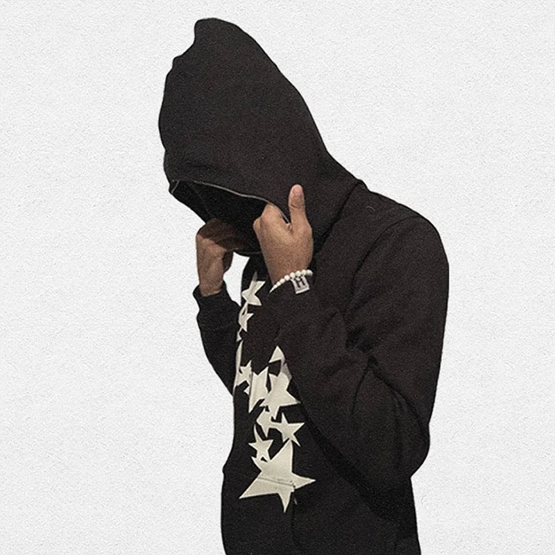 

New clothes star letter print retro oversized hoodie men Y2K street hip-hop color Harajuku casual zipper sweatshirt men