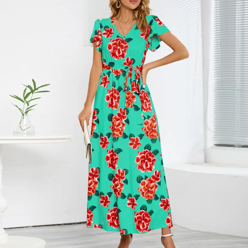 

Модное ТРАПЕЦИЕВИДНОЕ ПЛАТЬЕ со шнуровкой, новое летнее платье с ремнем и коротким рукавом, повседневное длинное платье с принтом роз и V-об...